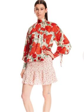 GANNI Georgette Ruched Mini Skirt in "Ditsy Floral" (White/Red) print